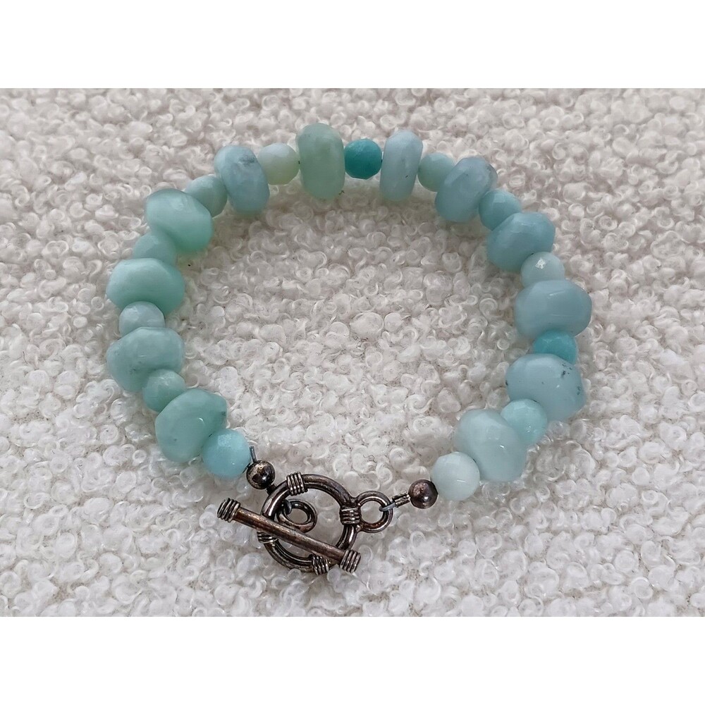 Blue Amazonite Beaded Sterling Silver Bracelet 7 in